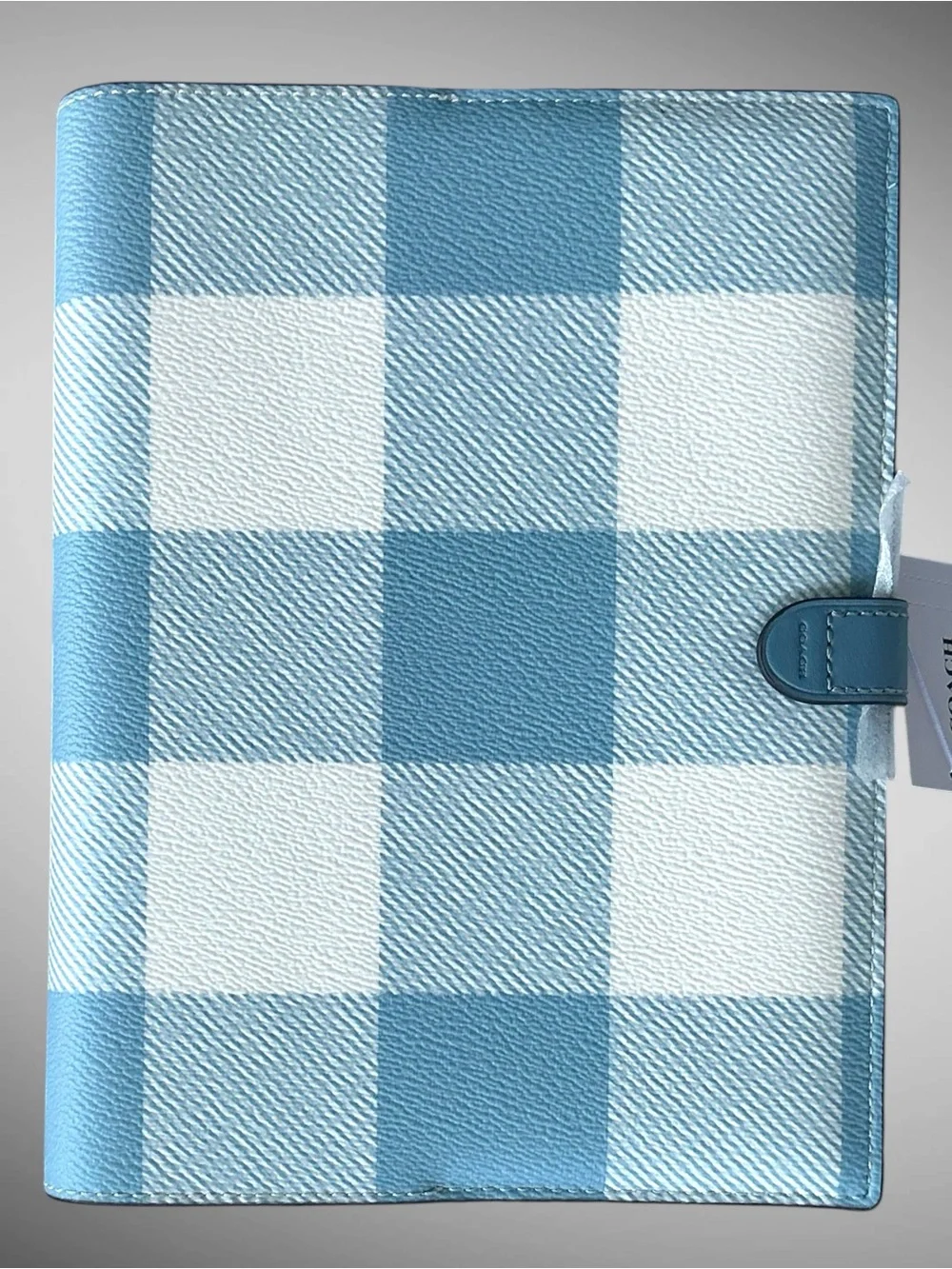 Coach Gingham Print Notebook Journal Blue White Plaid Snap Closure NWT